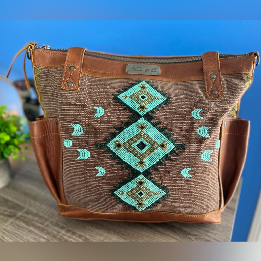 Nena & Co cafe leather Womanhood MTPB with teal accents